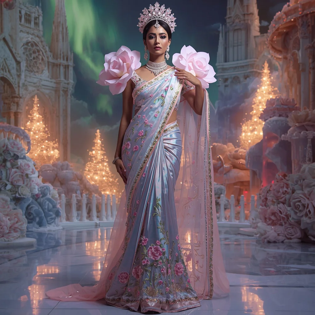 Crystal Aurora Rose Cathedral Saree with Polar Bloom Dominion | Viral Ai Image Prompt