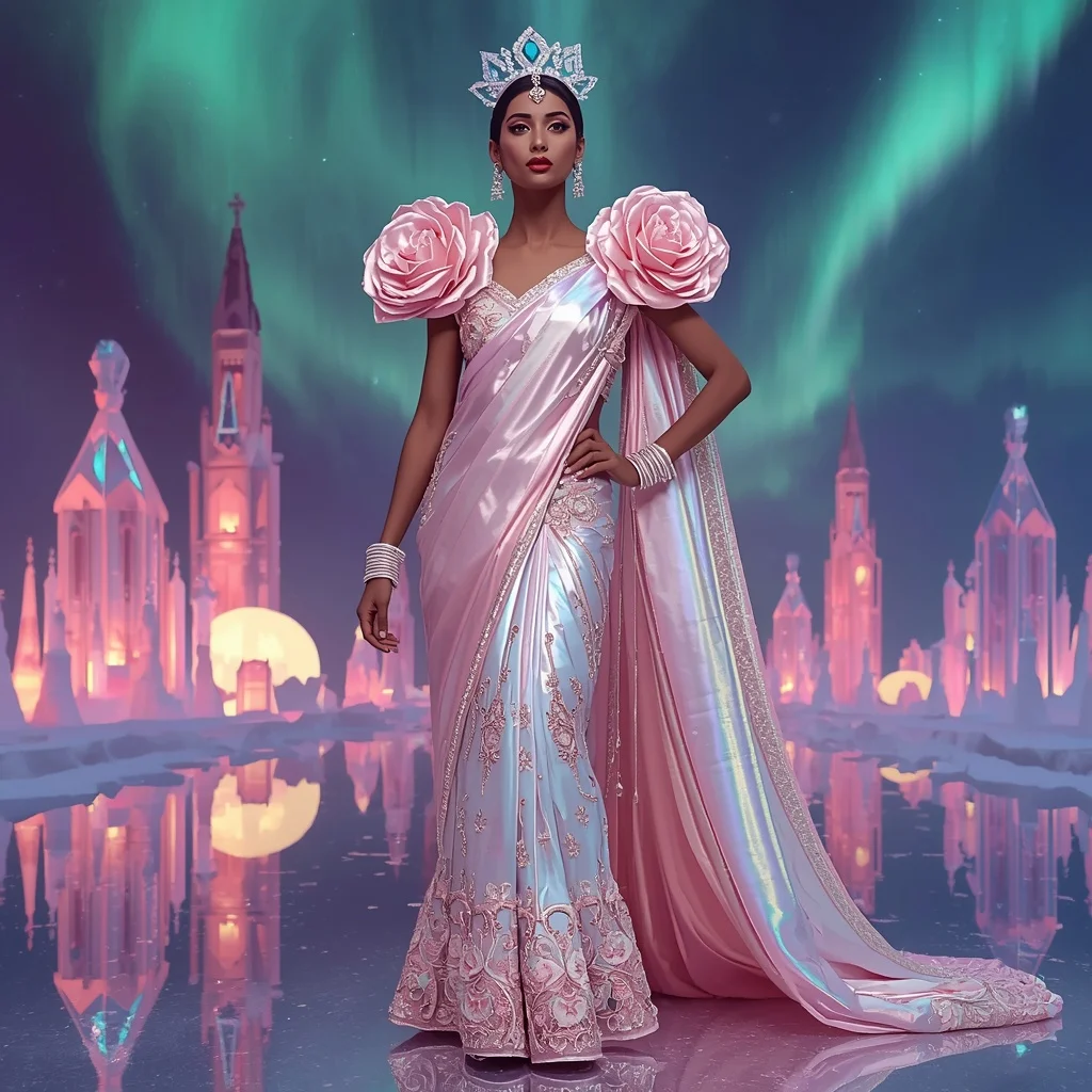Crystal Aurora Rose Cathedral Saree with Polar Bloom Dominion | Instagram Viral Photo Ai Prompt