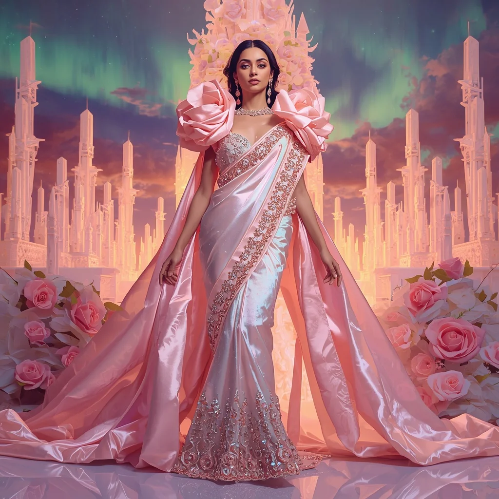 Crystal Aurora Rose Cathedral Saree with Polar Bloom Dominion | Ai Prompt For Instagram