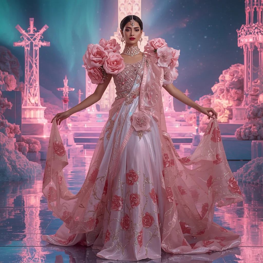 Crystal Aurora Rose Cathedral Saree with Polar Bloom Dominion | Luxury Ai Prompt