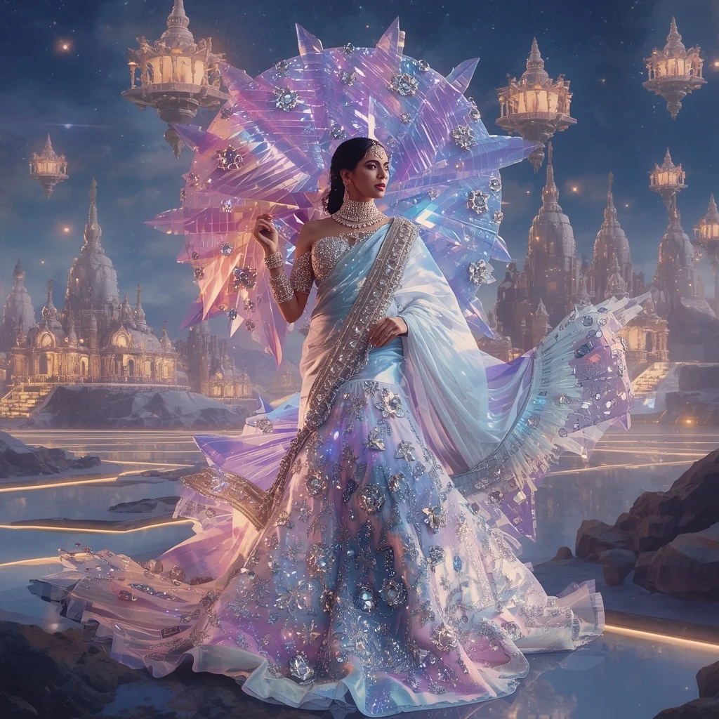 Crystal Aurora Temple Saree with Floating Celestial Festival Kingdom | Aesthetic Ai Prompt