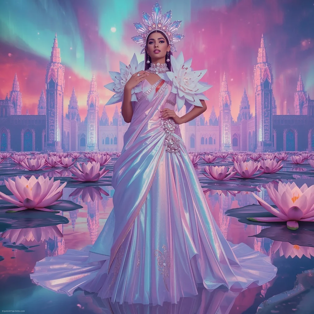 Crystal Aurora Water Lily Saree with Polar Bloom Cathedral Kingdom | Trending Prompt Girls