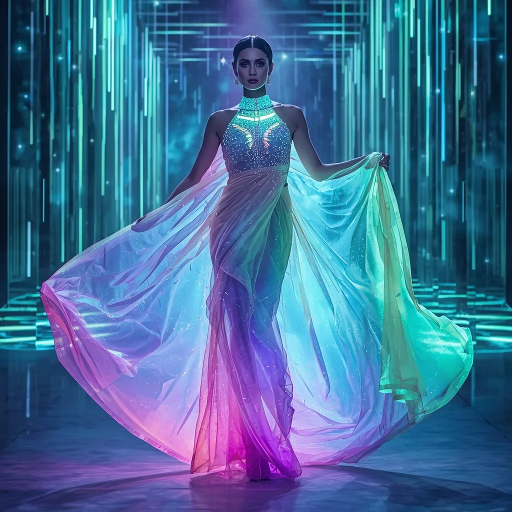 Crystal Aurora Wave Saree with Floating Light Curtains | Secret Ai Prompt