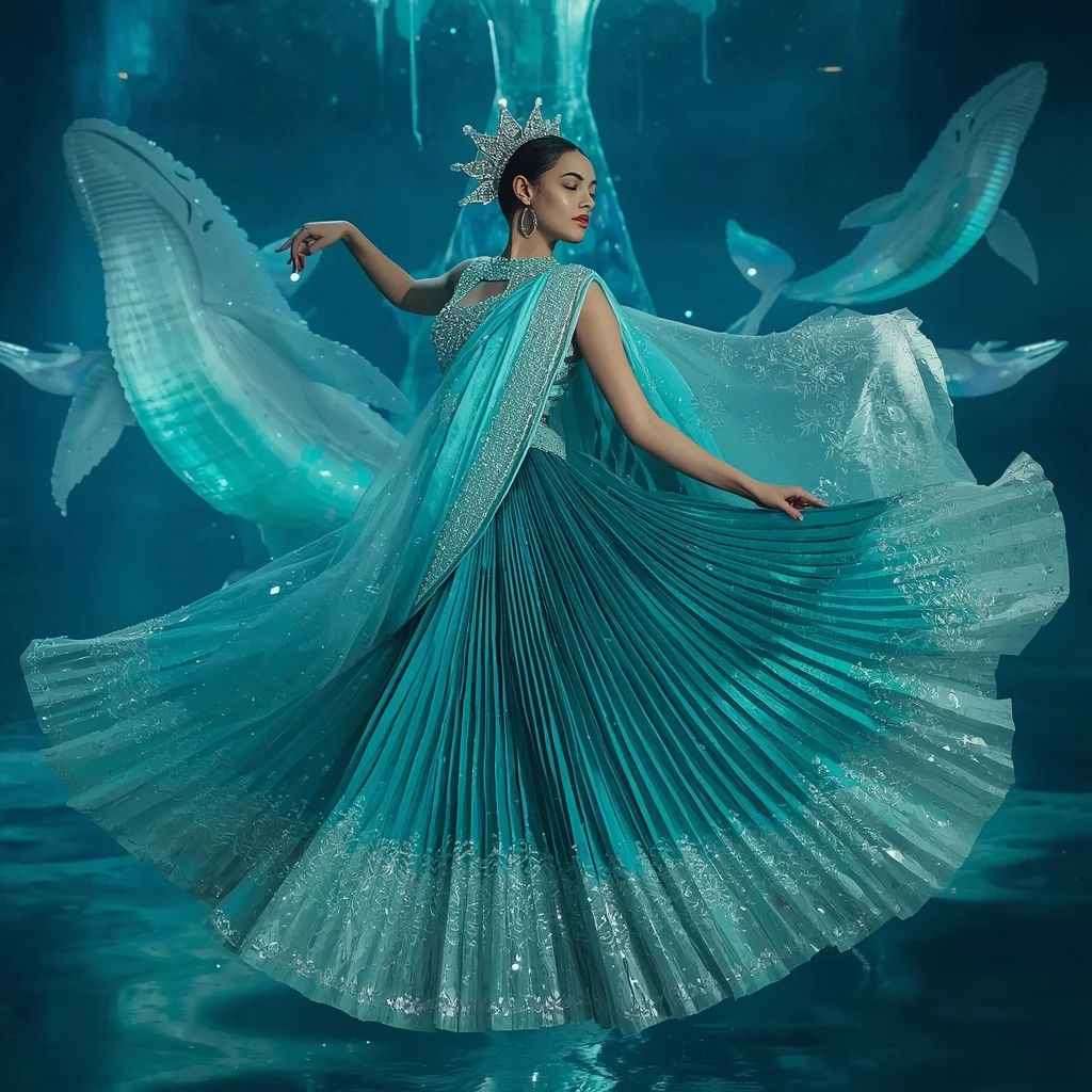 Crystal Aurora Whale Saree with Floating Polar Ocean Kingdom | Motivation Ai Prompt