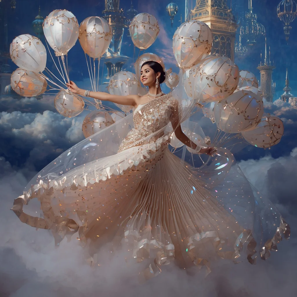 Crystal Balloon Festival Saree with Floating Celebration Cloud City | Bridal Ai Prompt