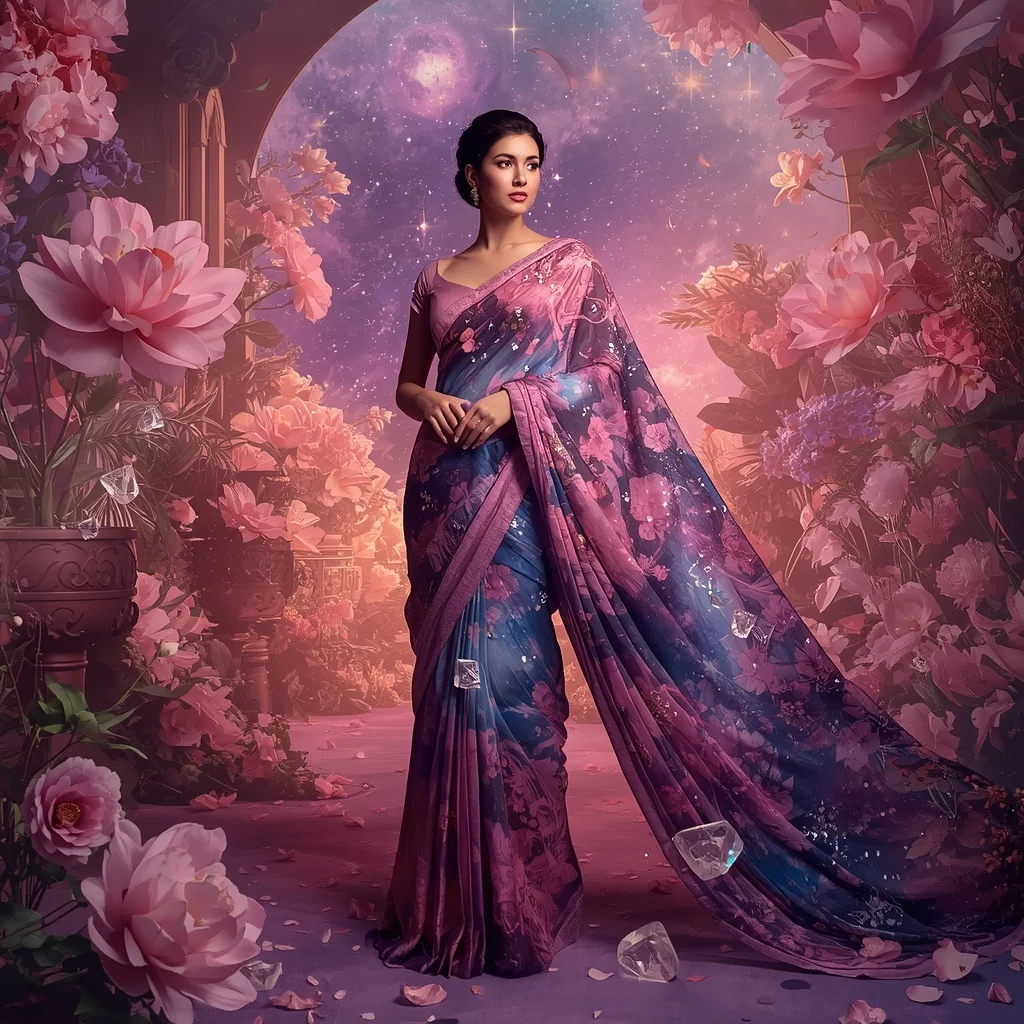 Crystal Bloom Galaxy Saree with Floating Flower Universe | Ai Prompt For Reels