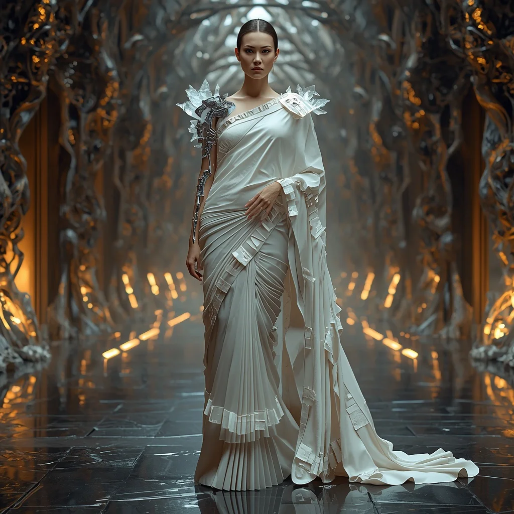 Crystal Bone Architecture Saree with Bio-Mechanical Hall | Prompt Seen Horror Girl