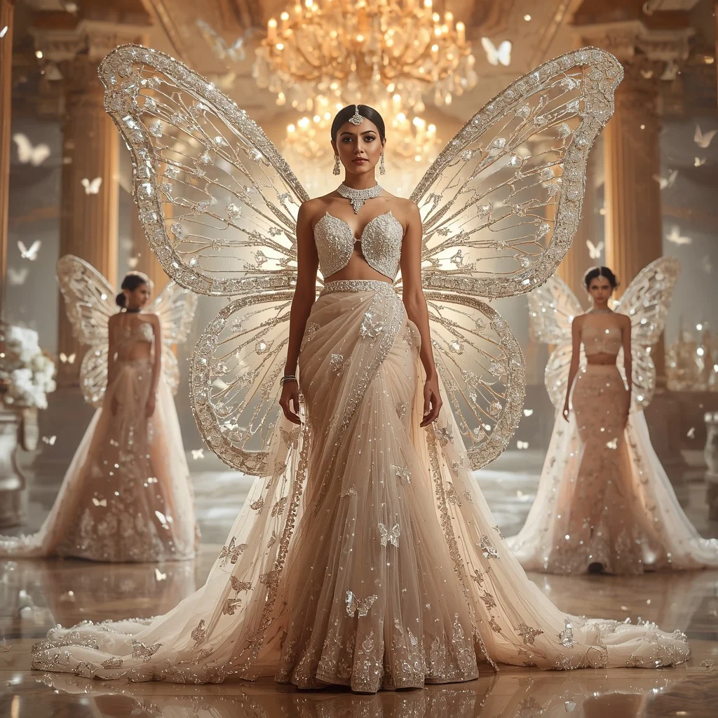 Crystal Butterfly Bridal Saree Multi Pose Collection with Heavenly Wedding Palace Background | Ai Selfie Prompt