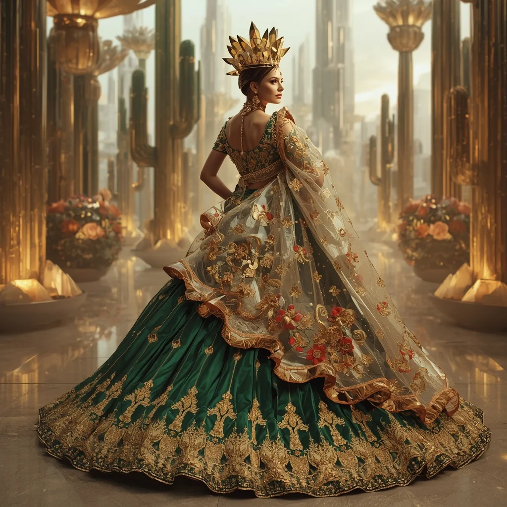 Crystal Cactus Crown Saree with Desert Bloom Infinity Megacity | Ai Gemini Photo Prompt
