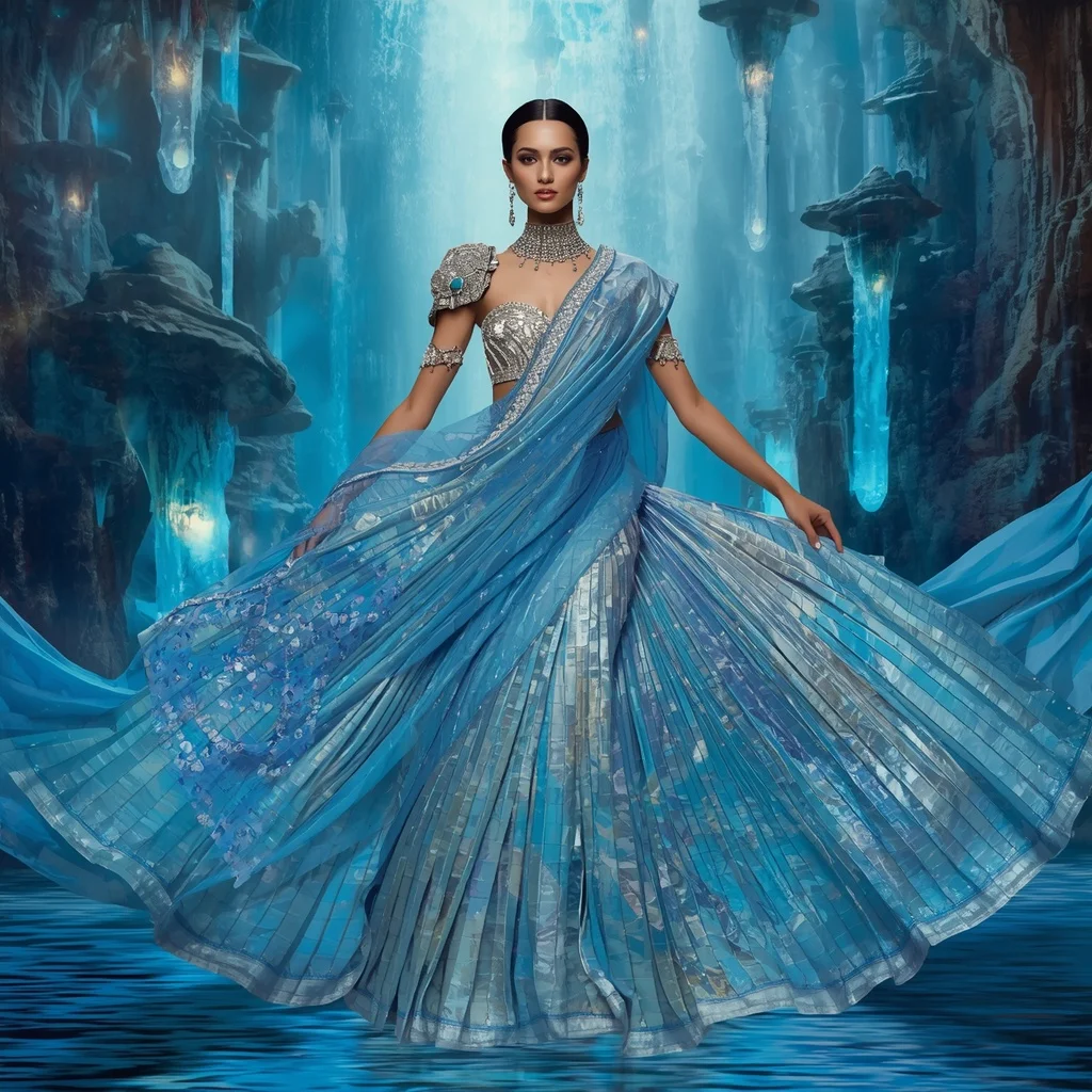 Crystal Canyon Waterfall Saree with Floating Prism River Empire | Pre Wedding Ai Prompt