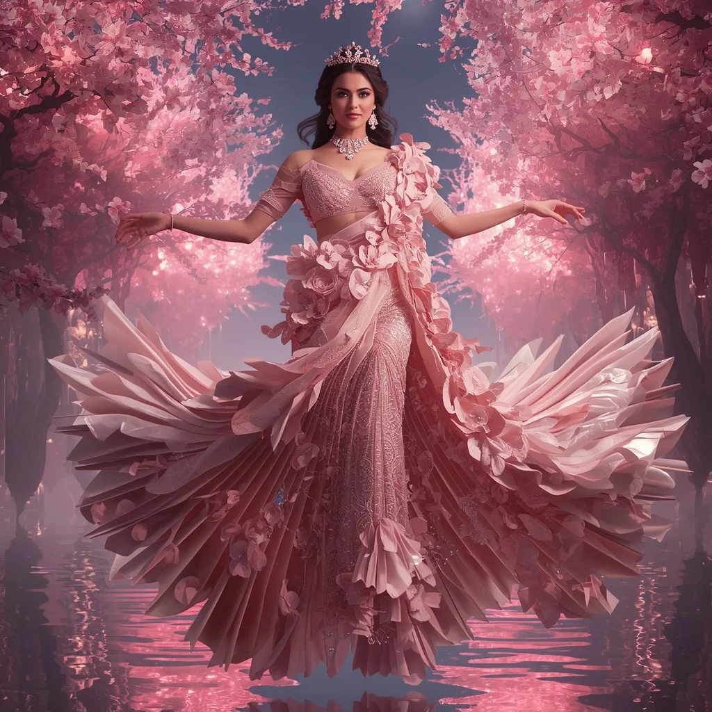 Crystal Cherry Blossom Saree with Floating Petal River Empire | Prompt Seen Girl Kurti