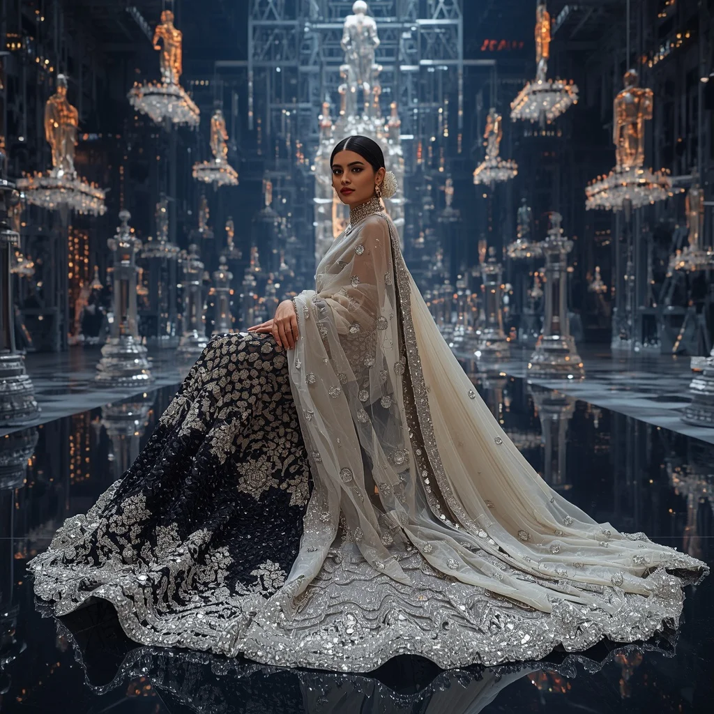 Crystal Chessboard Runway Saree with Floating Fashion Kingdom | Instagram Influencer Ai Prompt