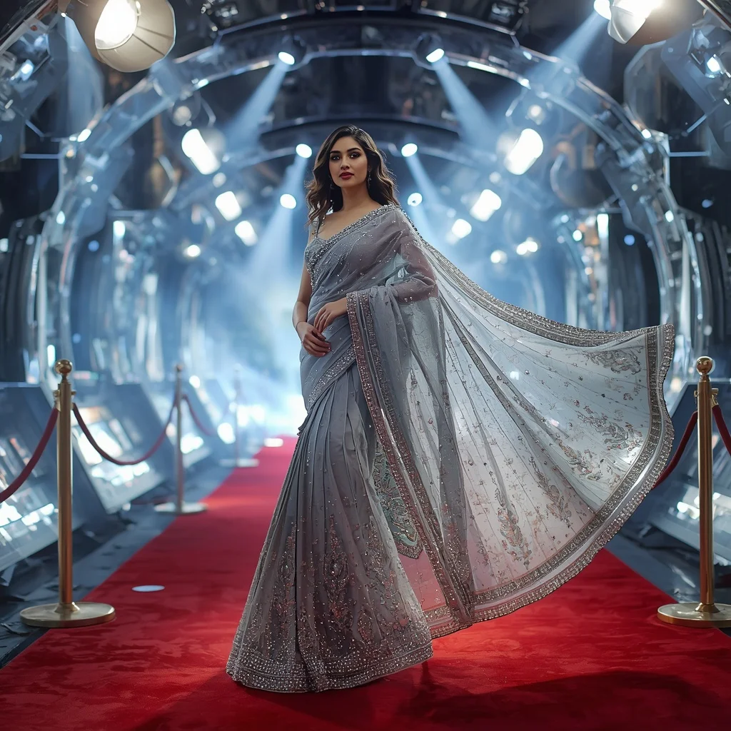 Crystal Cinema Dome Saree with Floating Luxury Film Universe | Whatsapp Dp Ai Prompt