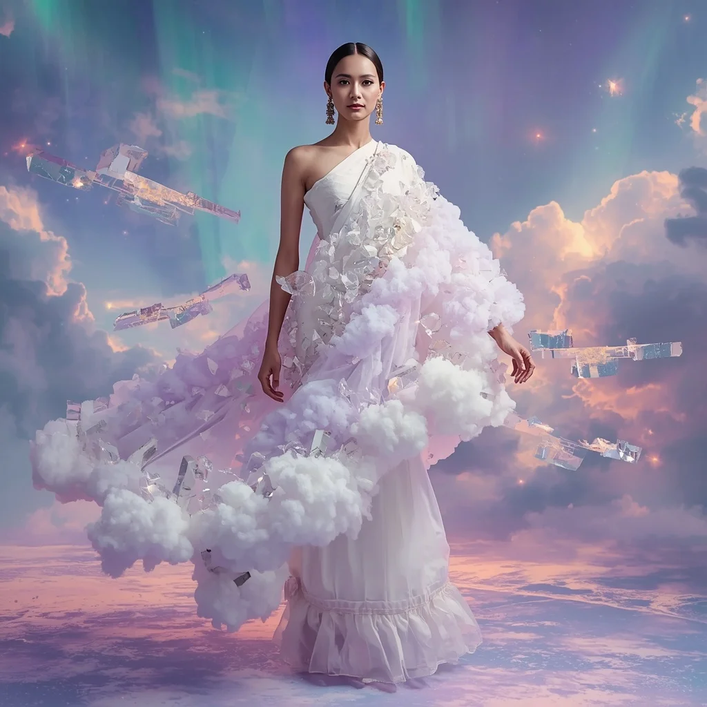 Crystal Cloud Structure Saree with Floating Sky Bloom Field | Influencers Ai Prompt