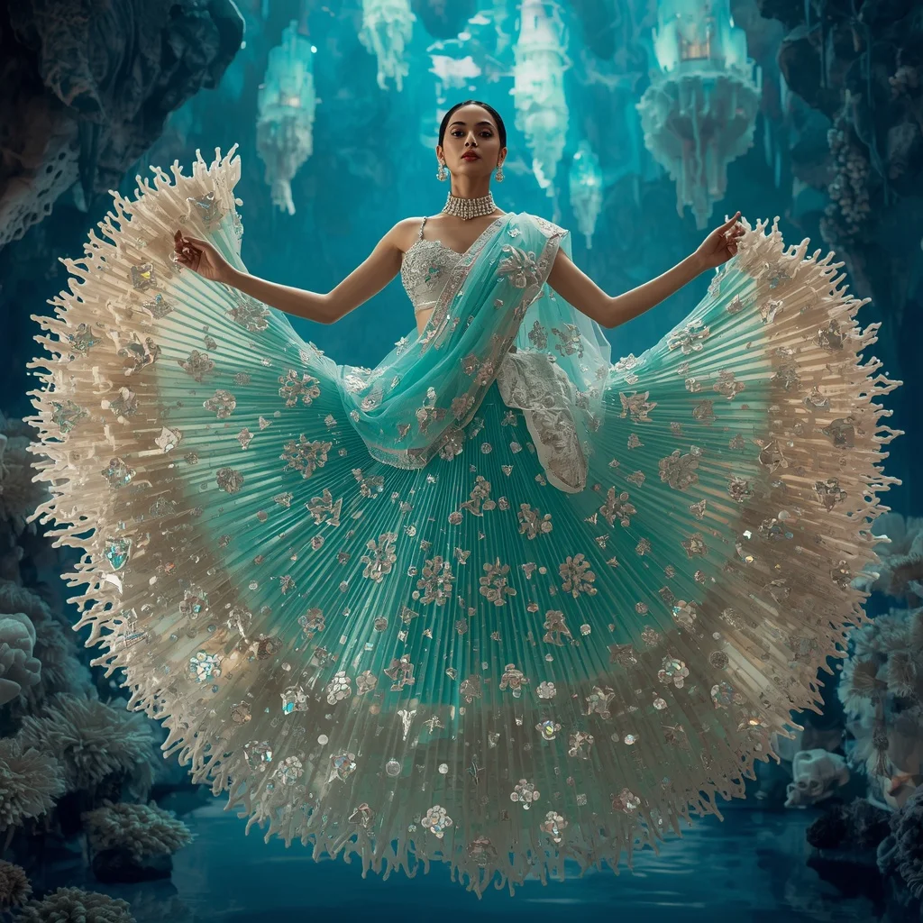 Crystal Coral Castle Saree with Floating Ocean Fantasy Realm | Pre Wedding Ai Prompt