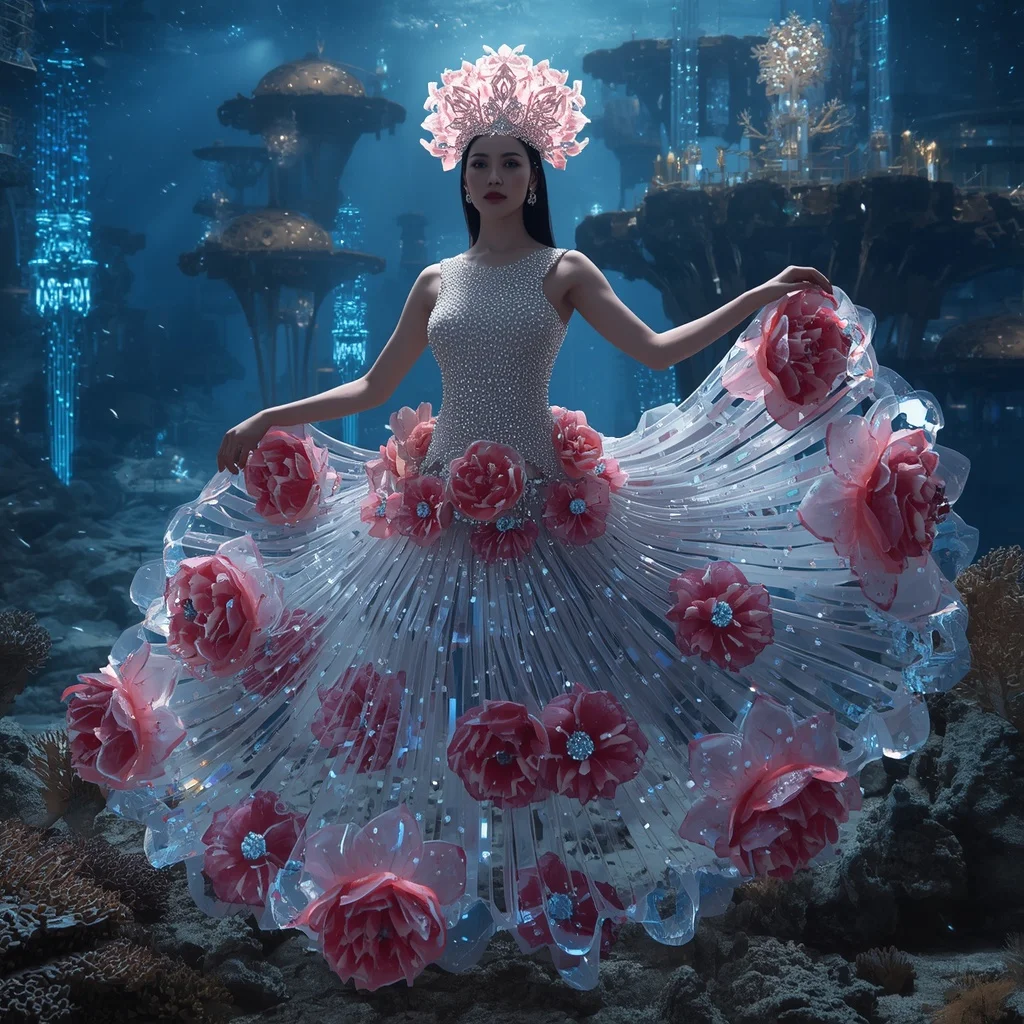 Crystal Coral Crown Saree with Floating Ocean Blossom Metropolis | Ai Gemini Prompt