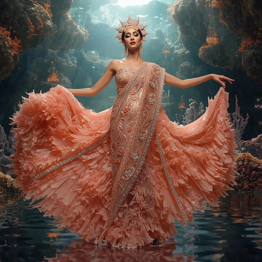 Crystal Coral Palace Saree with Floating Reef Cathedral | Face Ai Prompt