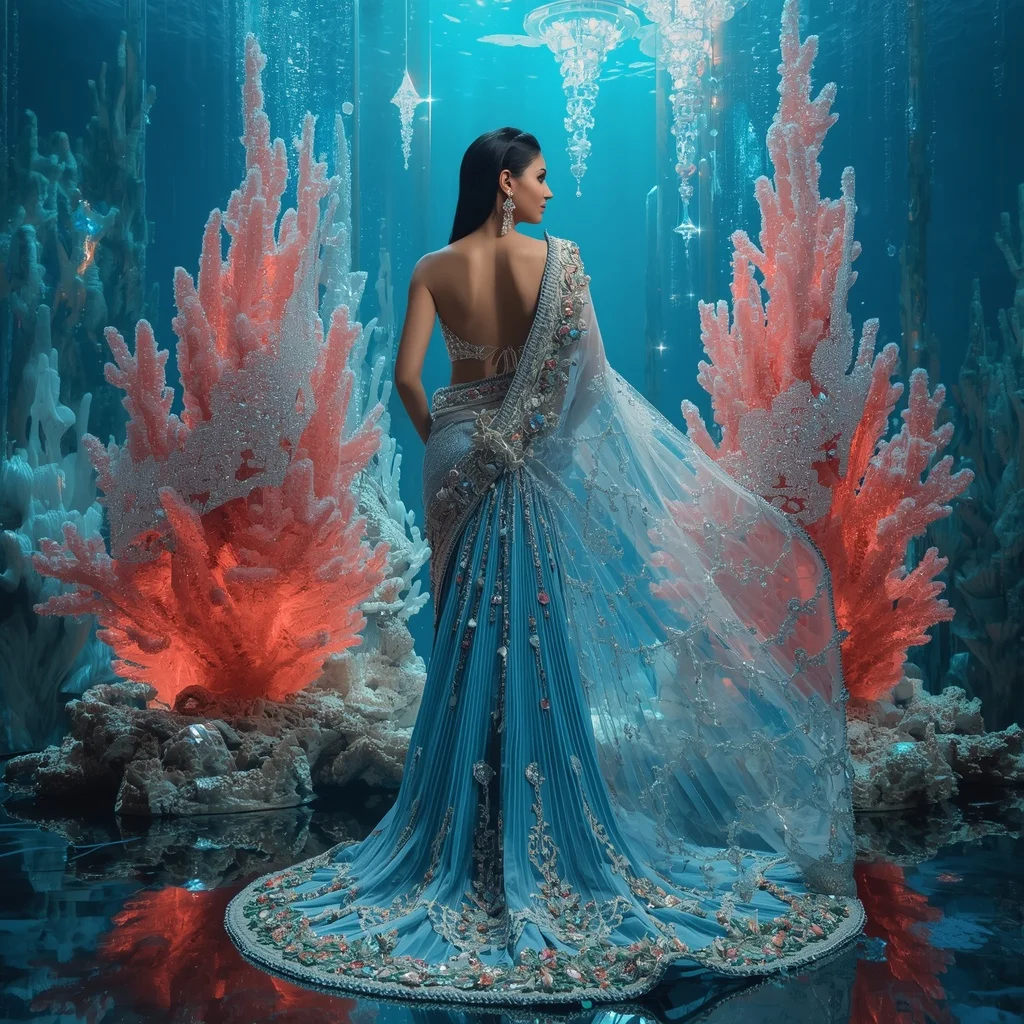 Crystal Coral Palace Saree with Floating Tropical Reef Kingdom | Female Model Ai Prompt