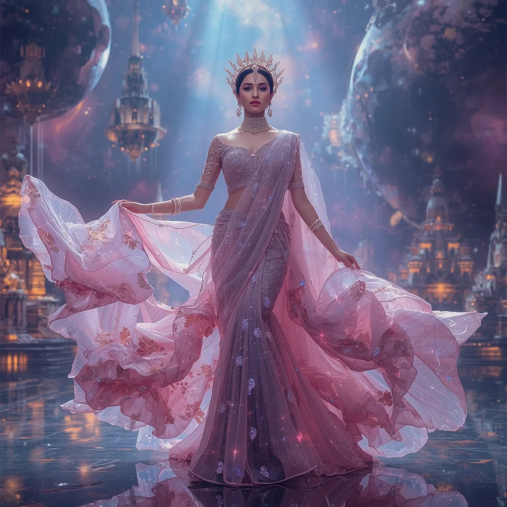 Crystal Cosmic Cathedral Saree with Floating Nebula Temple Universe | Trending Prompt Girls