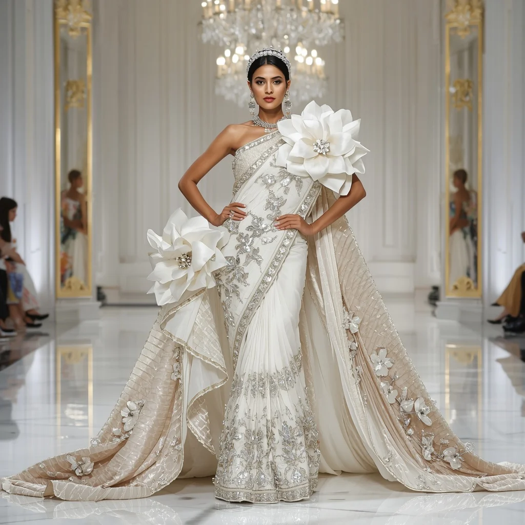 Crystal Crown Blossom Saree with Royal White Palace Hall | Gemini Ai Photo Prompt