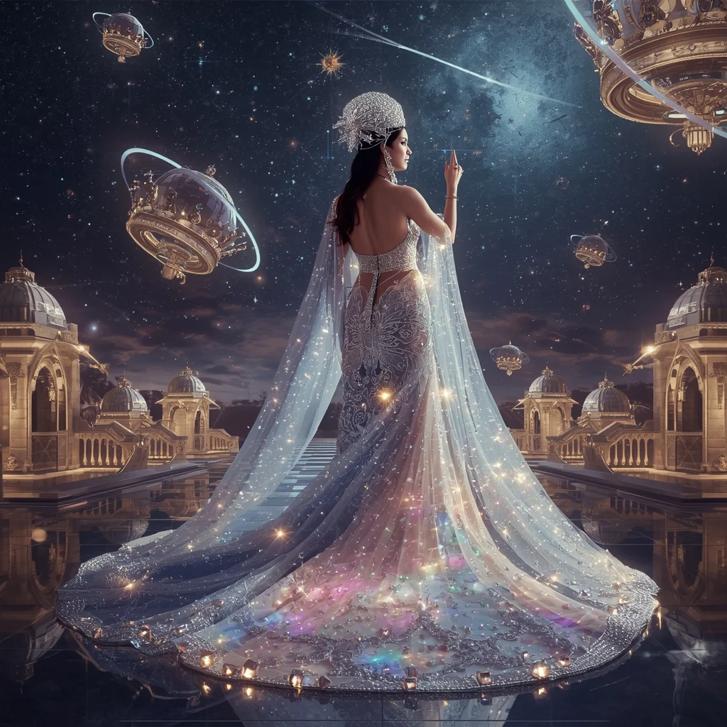 Crystal Crown Observatory Saree with Floating Star Palace Network | Gemini Ai Prompt