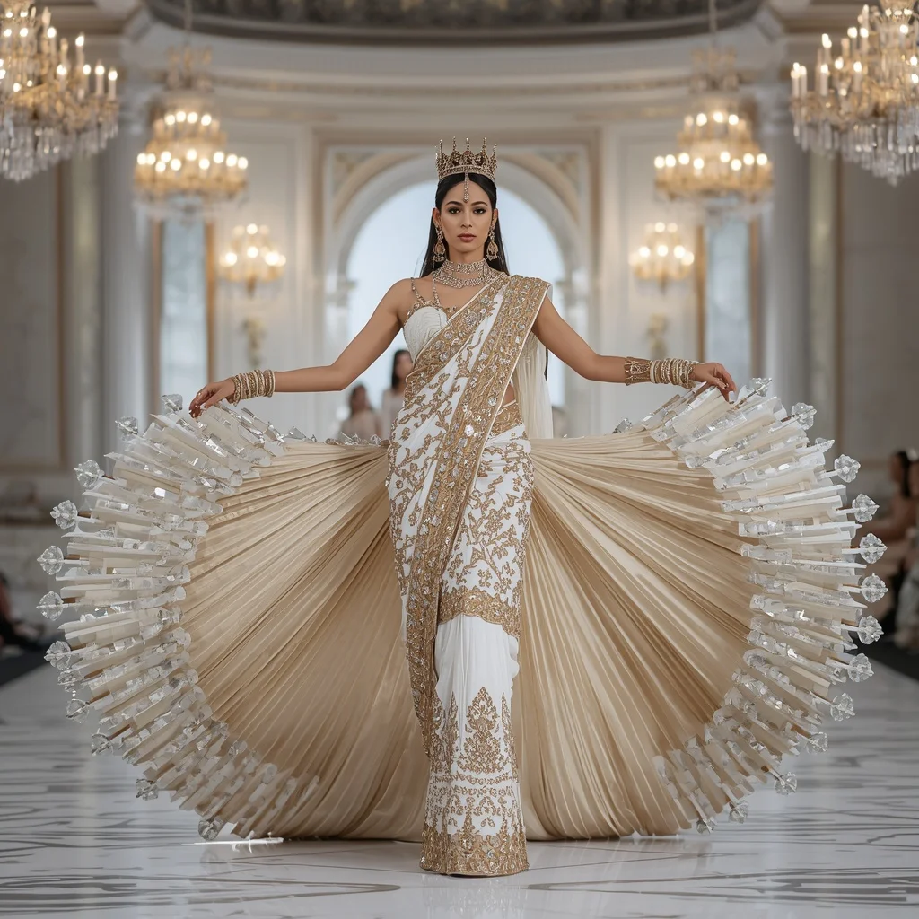 Crystal Crown Palace Saree with Royal White Dome Hall | Instagram Carousel Ai Prompt