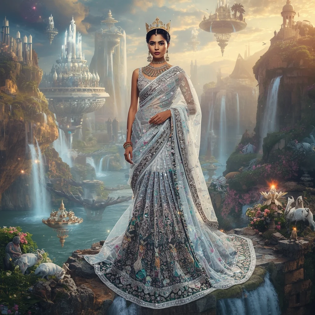 Crystal Crown Waterfall Saree with Floating Royal Paradise | Prompt Gemini