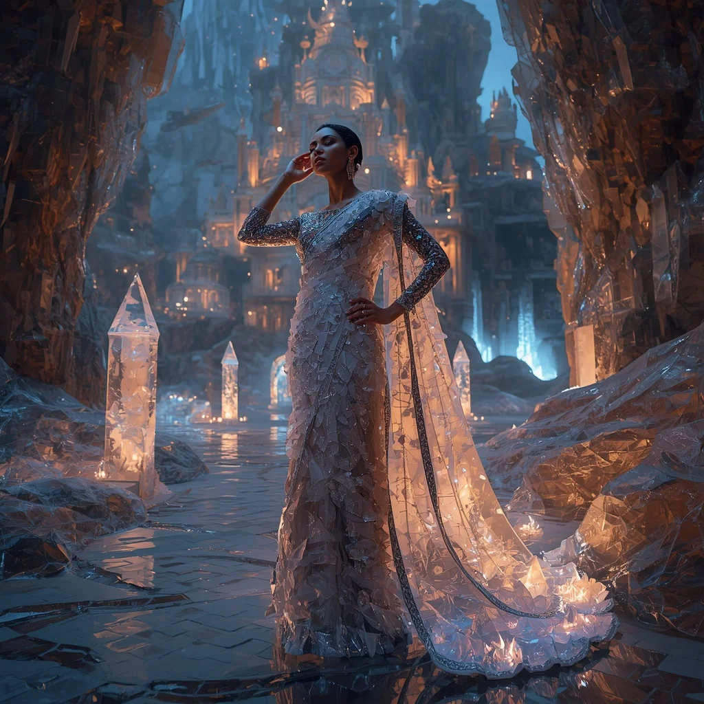 Crystal Crystal-Cave Saree with Floating Gemstone Mountain Palace | Desi Girl Ai Prompt