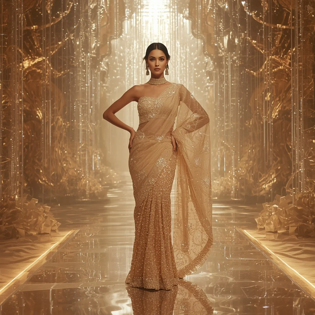 Crystal Desert Waterfall Saree with Floating Mirage Oasis Empire | Sora Ai Prompt