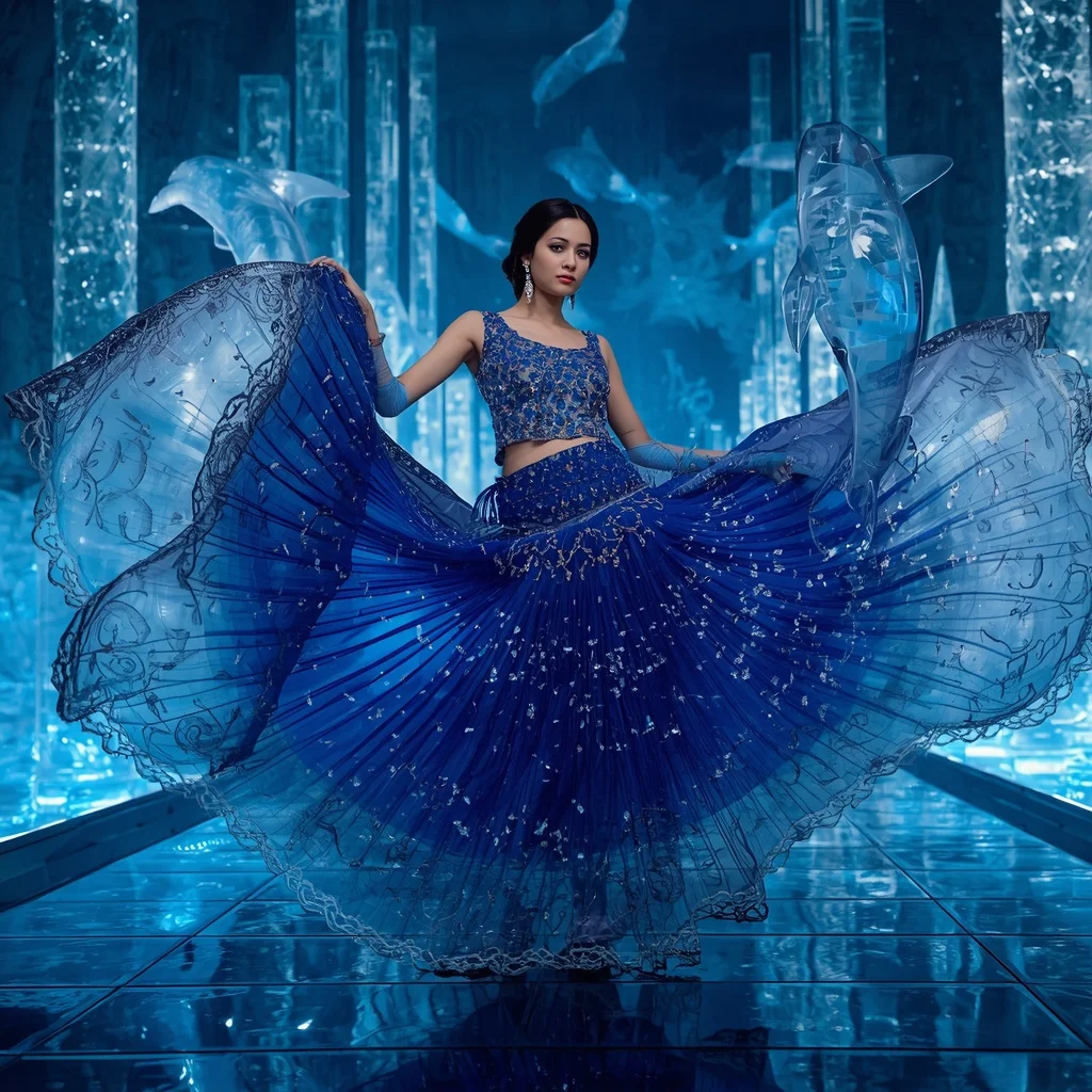 Crystal Dolphin Wave Saree with Ocean Light Megaverse | Woman Pose Ai Prompt