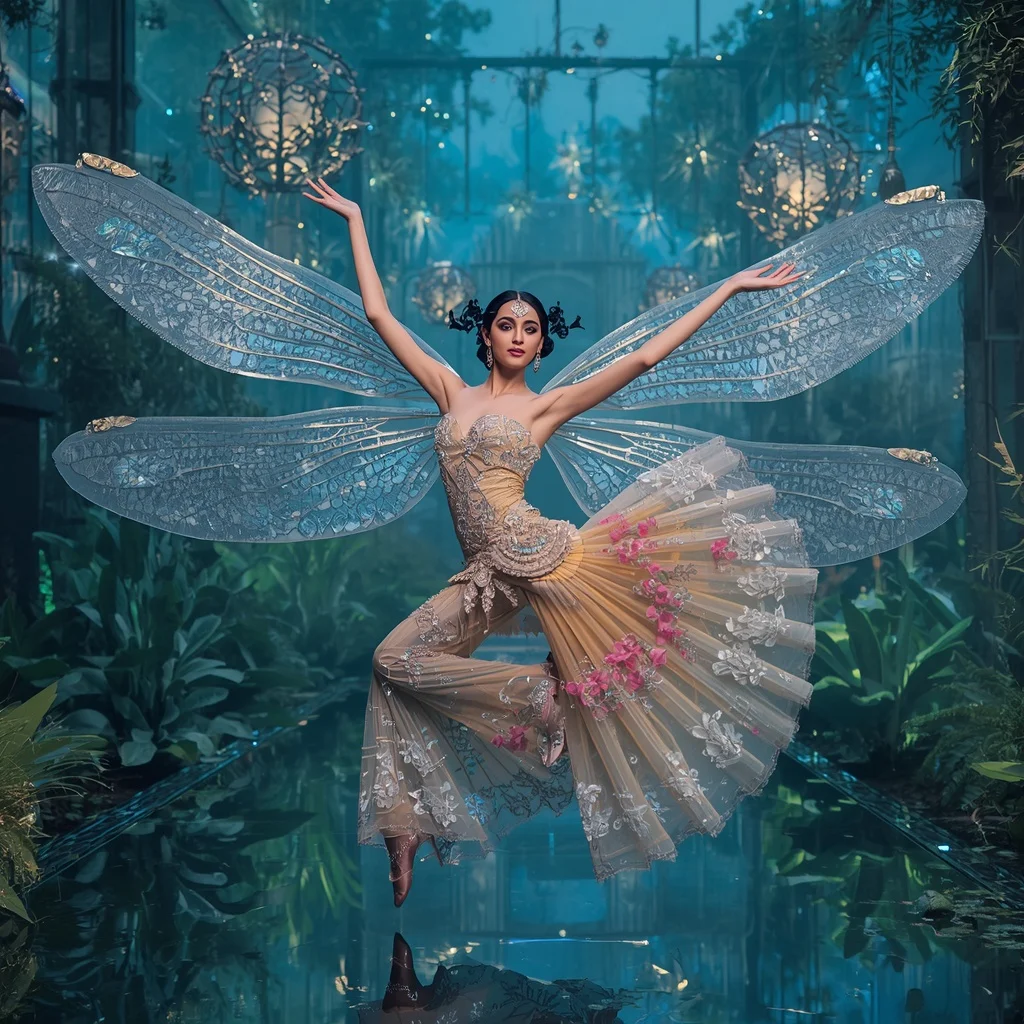 Crystal Dragonfly Pavilion Saree with Floating Botanical Sky Realm | Prompt For Traditional Look For Girl ChatGPT