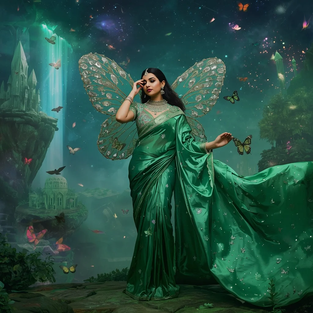 Crystal Emerald Butterfly Galaxy Saree with Floating Paradise Universe | ChatGPT Photo Editing Prompts Trending Instagram For Girl