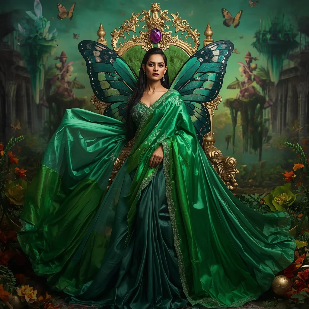 Crystal Emerald Butterfly Throne Saree with Floating Floral Kingdom | Influencer Ai Prompt
