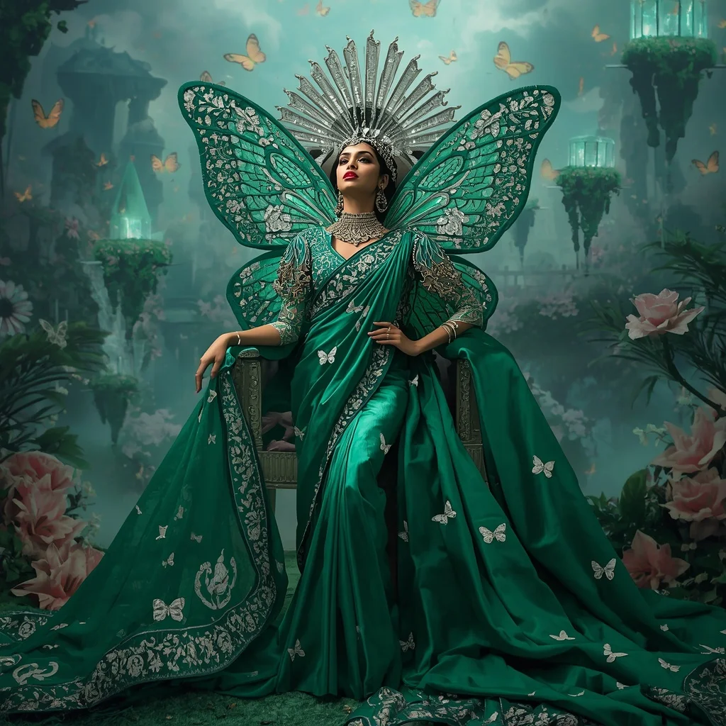 Crystal Emerald Butterfly Throne Saree with Floating Floral Kingdom | Youtube Thumbnail Ai Prompt