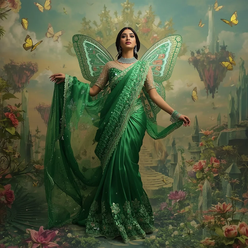 Crystal Emerald Butterfly Throne Saree with Floating Floral Kingdom | Ai Photo Editing Prompt