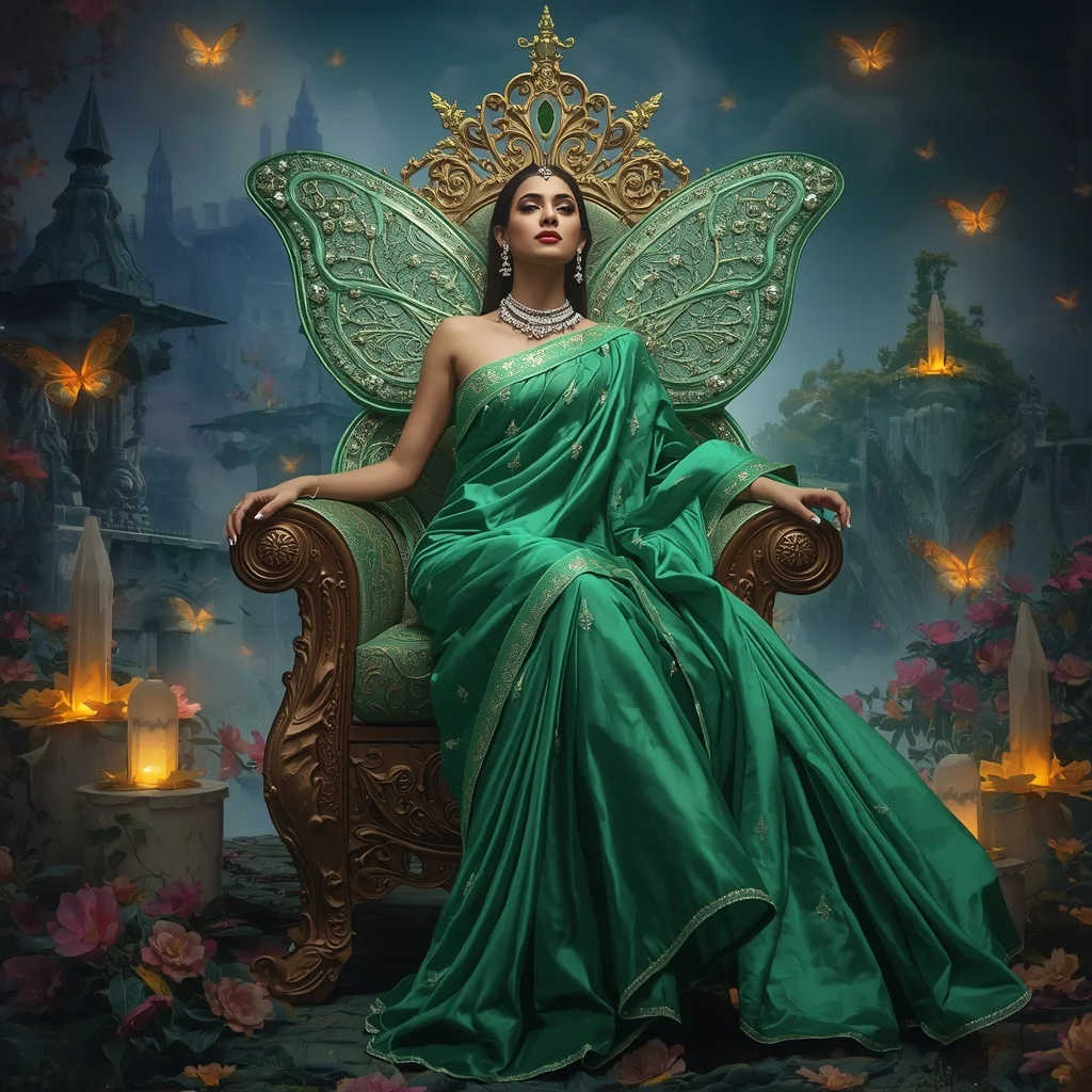 Crystal Emerald Butterfly Throne Saree with Floating Floral Kingdom | Trending Prompt Girls Instagram