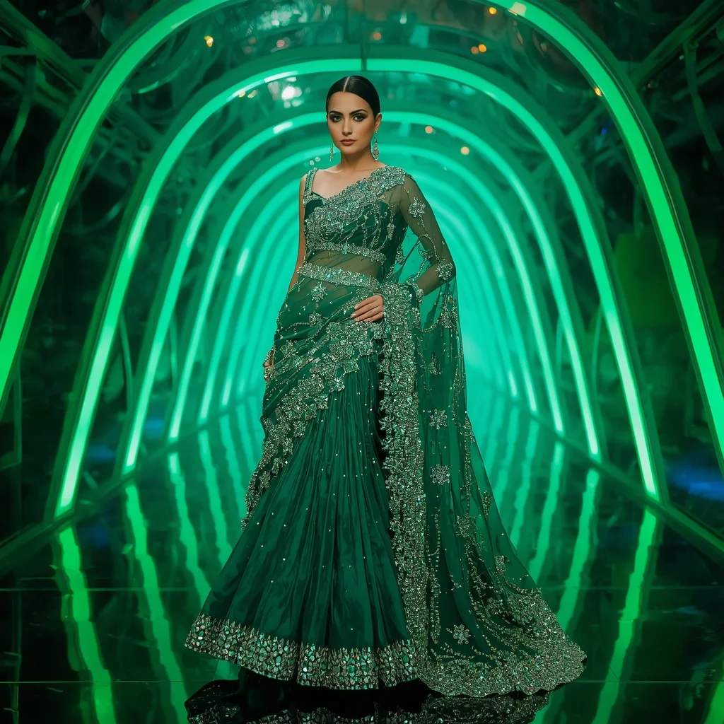 Crystal Emerald Velocity Saree with Neon Ribbon Reflection Galaxy Infinity Hall | Trending Girl Photo Prompt