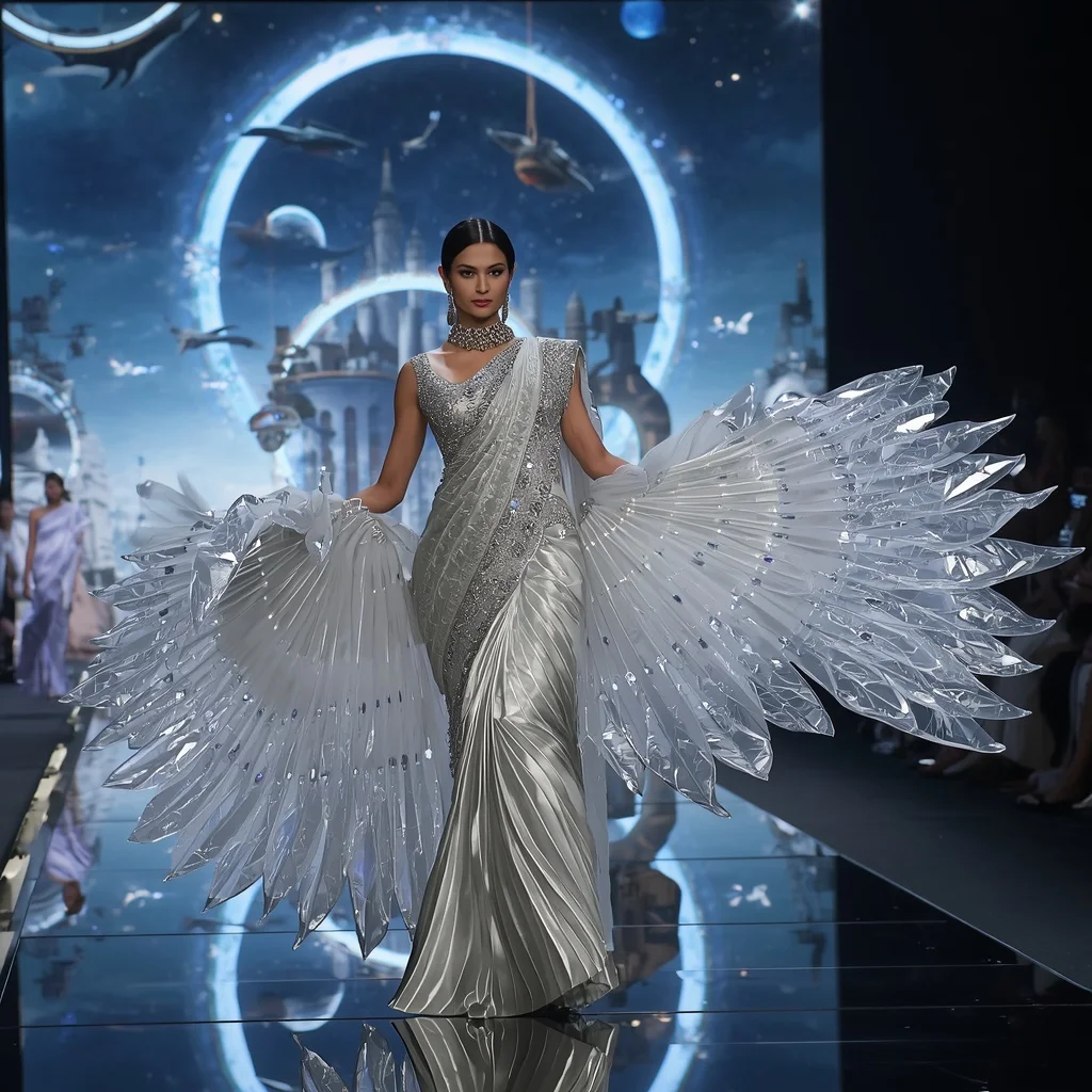 Crystal Falcon Orbit Saree with Floating Sky Ring Civilization | Ai Video Generator Prompt