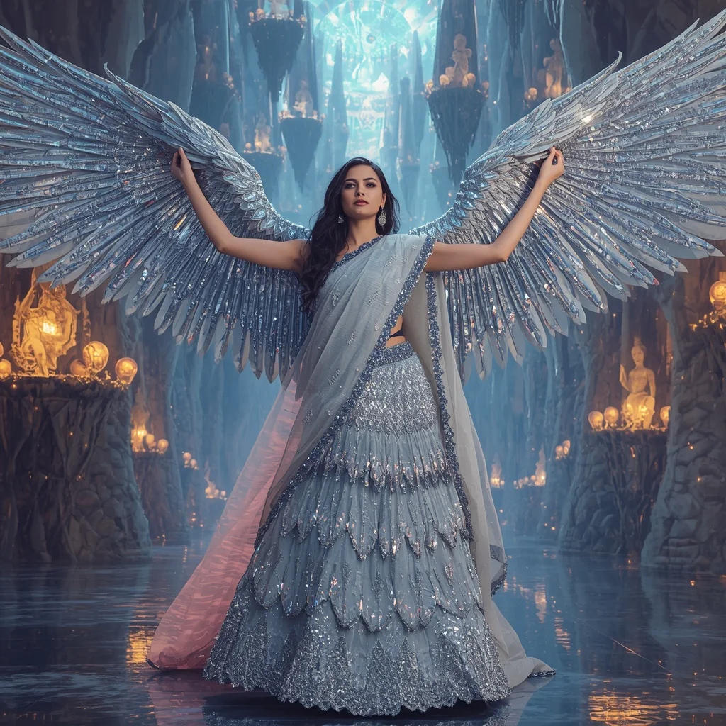 Crystal Falcon Wing Saree with Floating Sky Fortress Civilization | Character Design Ai Prompt