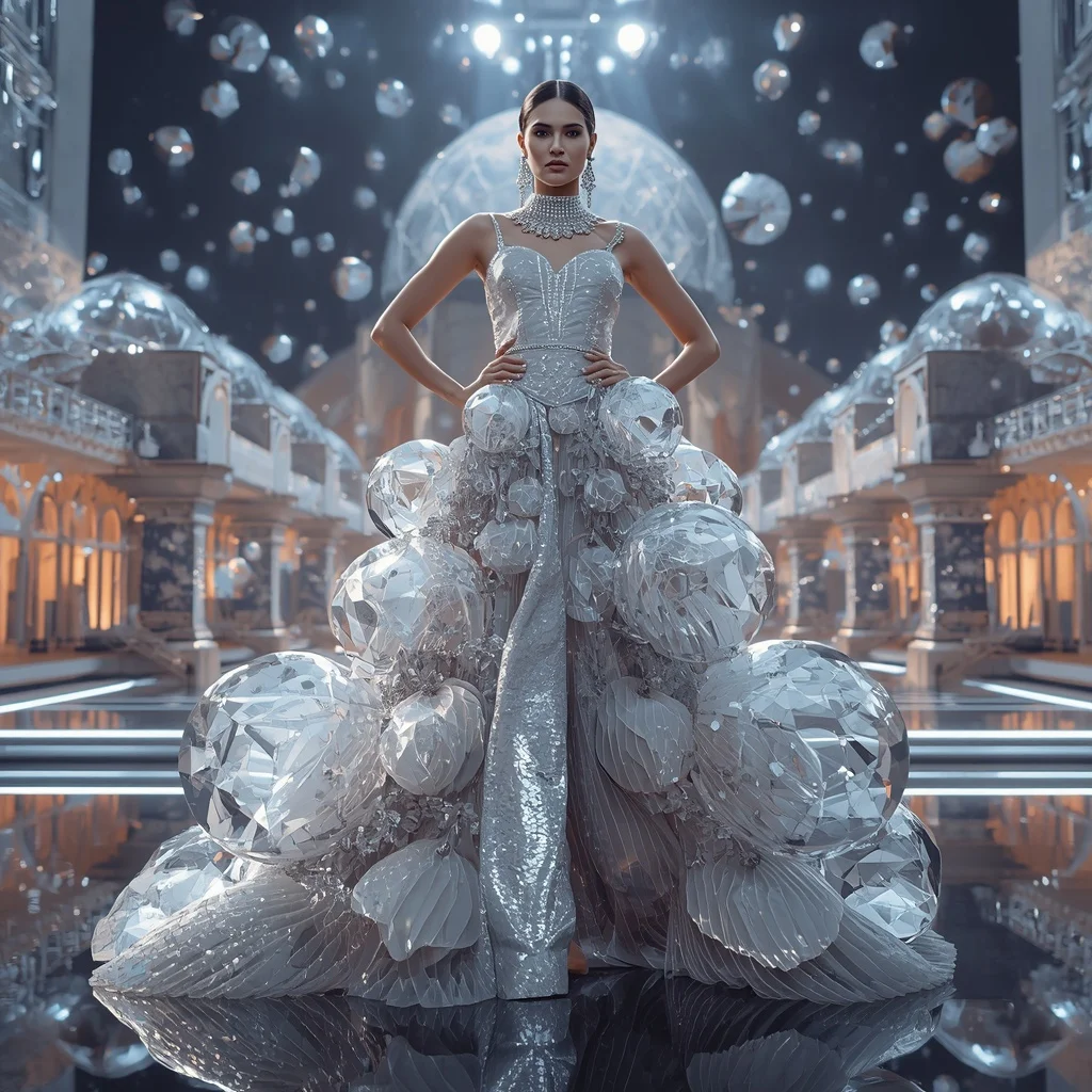 Crystal Fashion Dome Saree with Floating Festival Architecture City | Character Design Ai Prompt