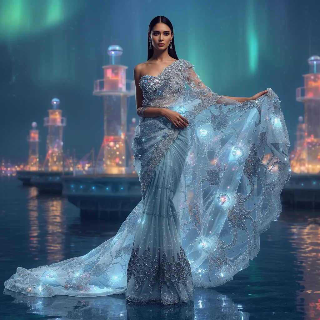 Crystal Fashion Lighthouse Saree with Floating Aurora Harbor Realm | Indian Girl Ai Prompt