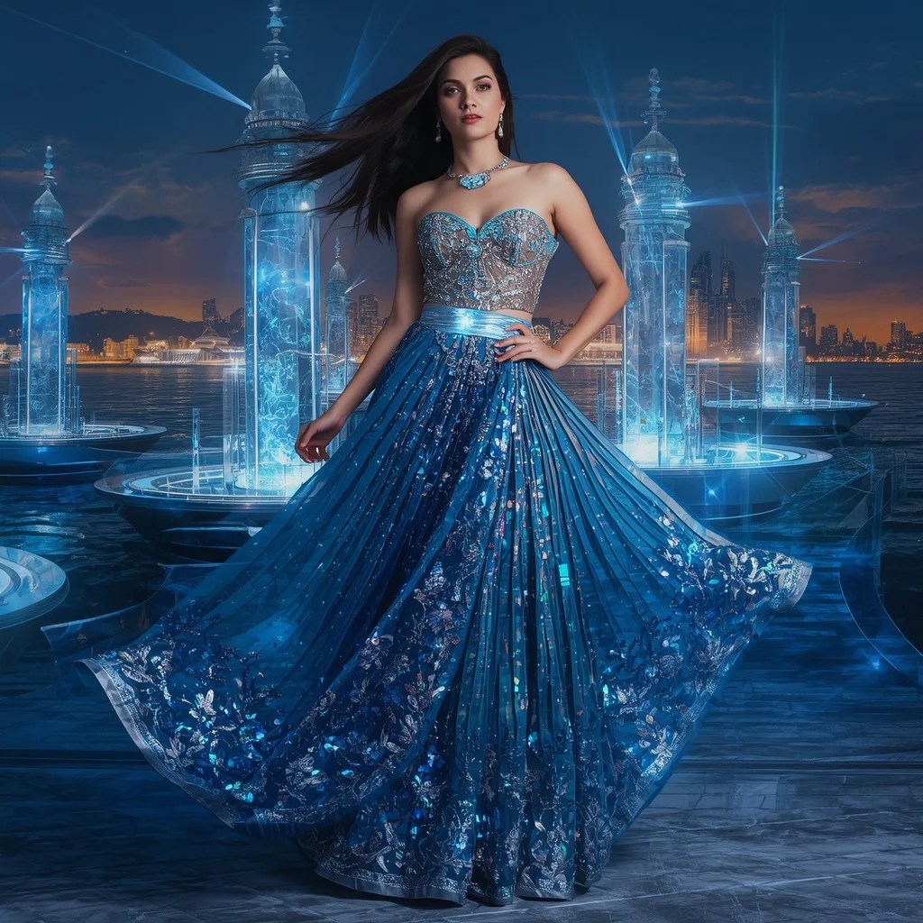 Crystal Fashion Lighthouse Saree with Modern Coastal Skyline Realm | Attitude Ai Prompt