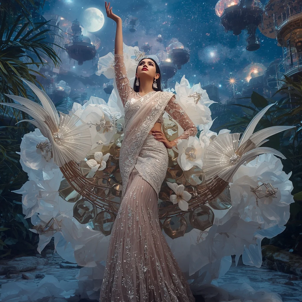 Crystal Fashion Observatory Saree with Floating Luxury Telescope Gardens | Beautiful Woman Ai Prompt