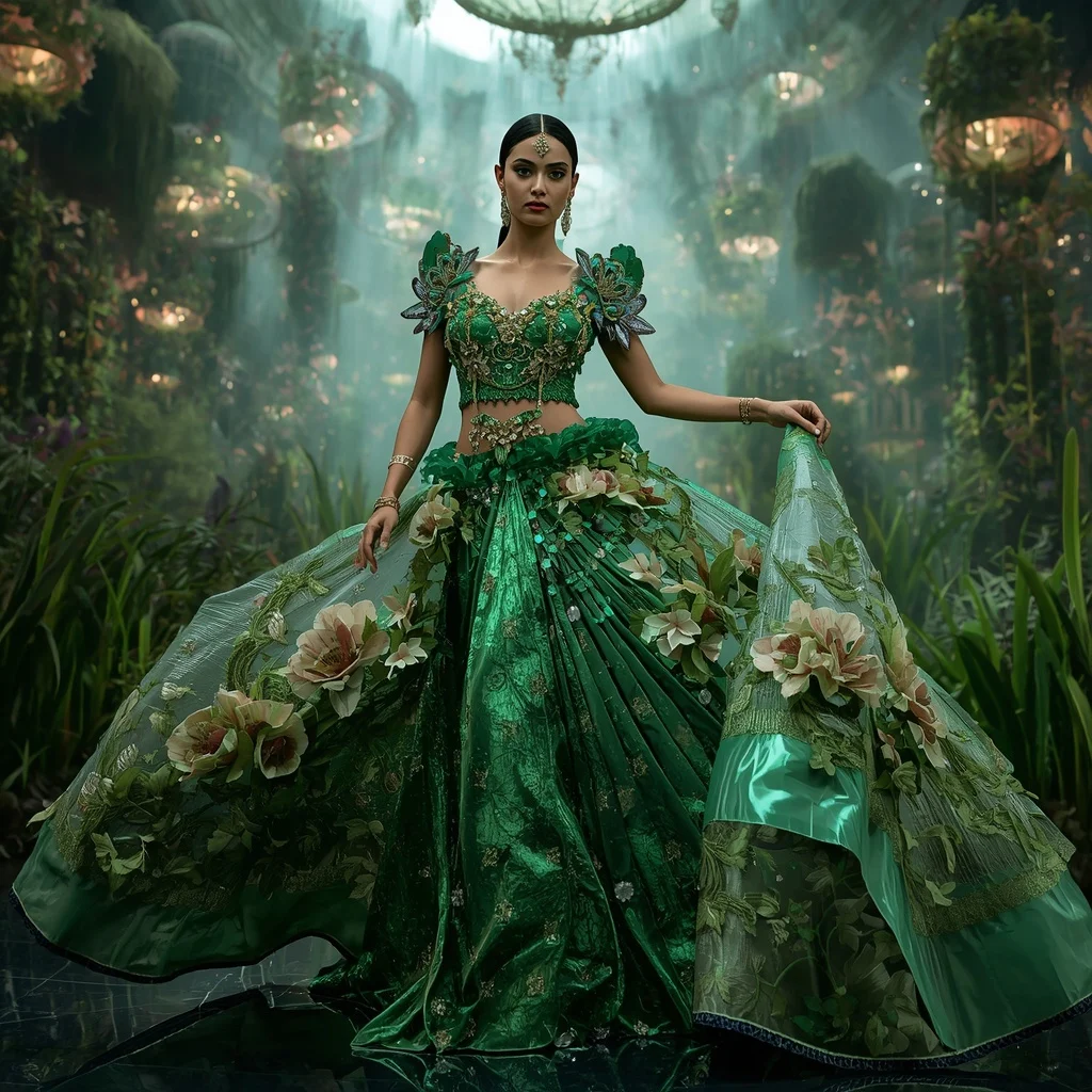 Crystal Fashion Observatory Saree with Giant Rotating Ring Gardens | Aesthetic Ai Prompt
