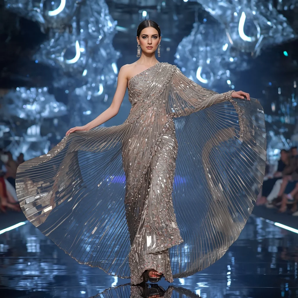 Crystal Fashion Raceway Saree with Floating Luxury Hyperloop Empire | Sora Ai Prompt