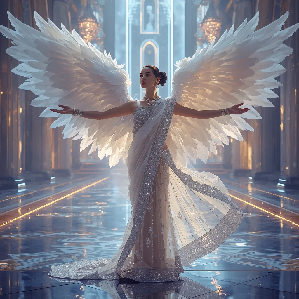 Crystal Feather Cathedral Saree with Floating Wing Sanctuary Realm | Editing Prompt Girl