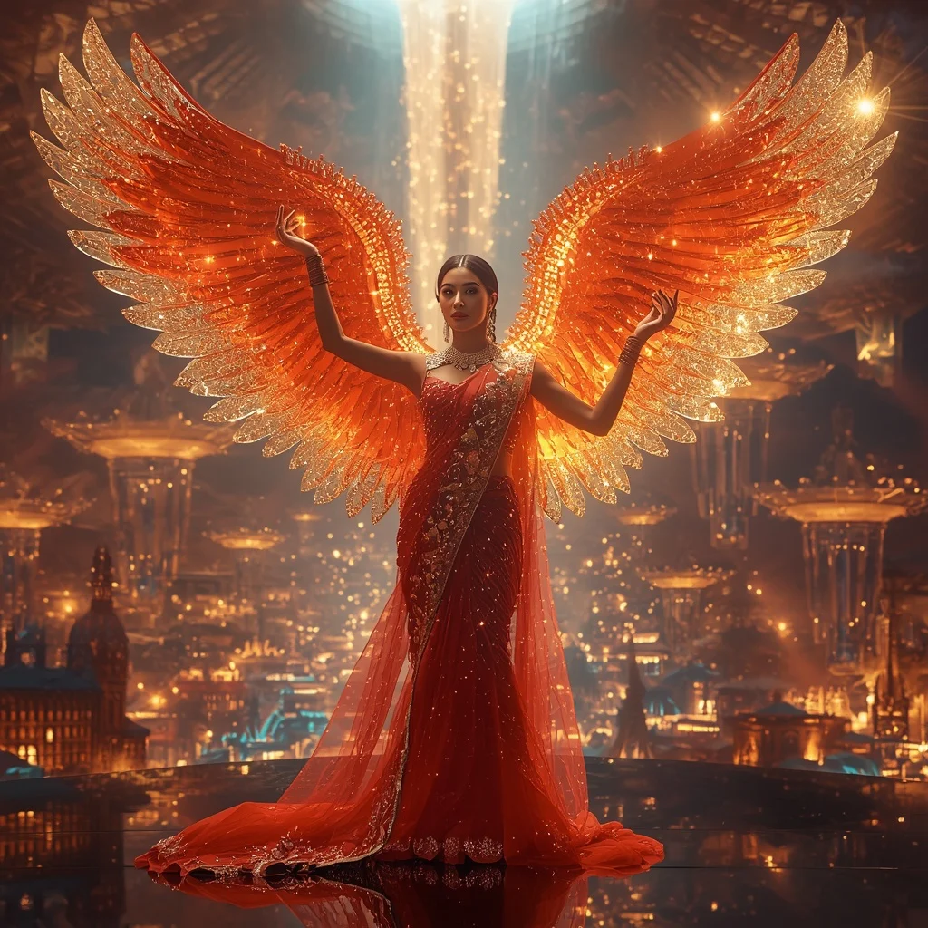 Crystal Firebird Arena Saree with Floating Phoenix Festival Empire | Profile Picture Ai Prompt
