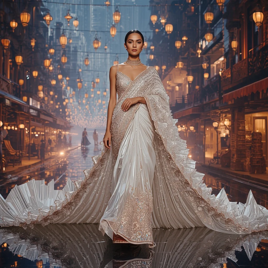 Crystal Floating Bazaar Saree with Hanging Lantern Sky Streets | Prompt Engineering