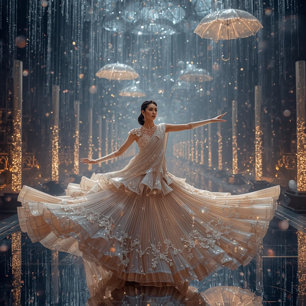 Crystal Floating Umbrella Saree with Festival Rainlight Kingdom | Gemini Ai Prompt For Girl