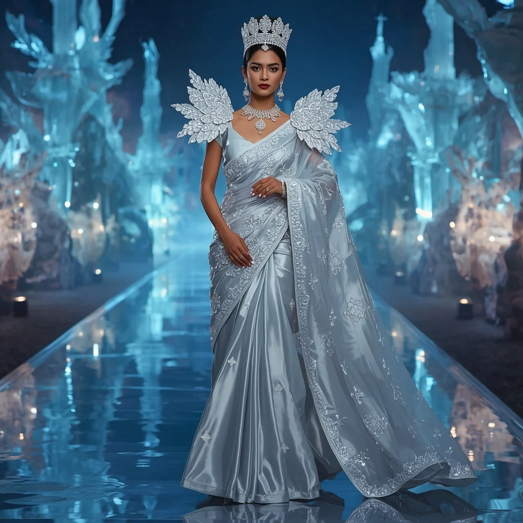 Crystal Glacier Garden Palace Saree with Frozen Reflection Empire | Prompt For Traditional Look For Girl Copy Paste